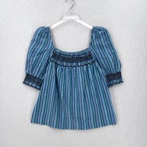 FAHERTY Presley Top Womens XS Blue Green Striped Peasant Gauze Short Sleeve NWOT